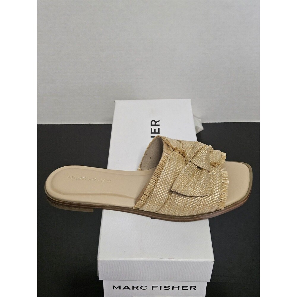 Sz 5.5 - Marc Fisher Women's Fineya Bow Flat Slide Sandals Beige Raffia